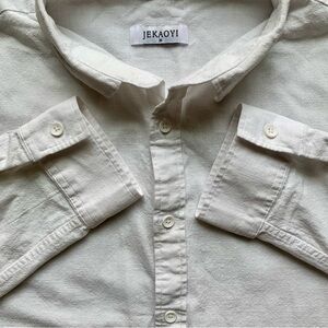 Jekaoyi Mens Button Up Medium Long Sleeve White Linen & Cotton Preppy Minimalist